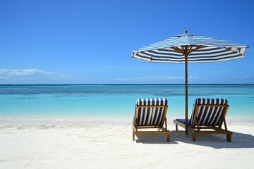 Fototapeta premium Two wooden lounge chairs with blue and white striped cushions are placed on a pristine