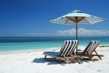 Two wooden lounge chairs with blue and white striped cushions are placed on a pristine