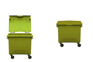 Yellow plastic container for plastic garbage. On isolated transparent background.