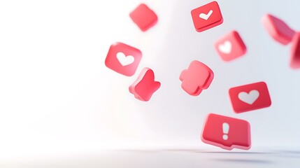 Obraz premium A 3D rendering of multiple red like, follow, and comment notification icons floating in mid-air, with a white background and soft shadows beneath the icons.