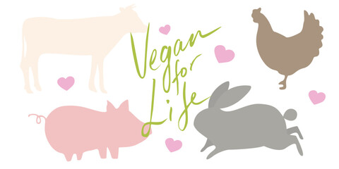 World vegan day celebration. Vegan for Life Illustration to Protect the Earth. No animal testing concept. Flat silhouette of a pig, a cow, a chicken and a bunny. Vegan text slogan