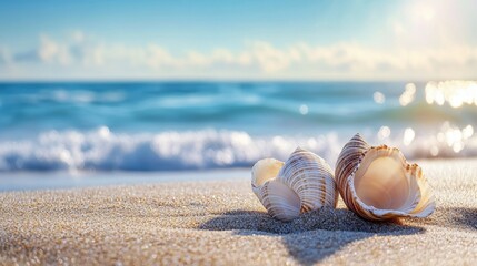 Obraz premium Pearlescent shells glinting in the sunlight, lying on a sandy beach with the sea in the background.