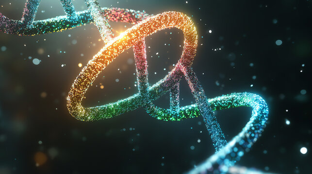Colorful, glowing DNA helix on a dark background, representing genetics and molecular biology. A vibrant visual representation of the double helix structure of DNA.