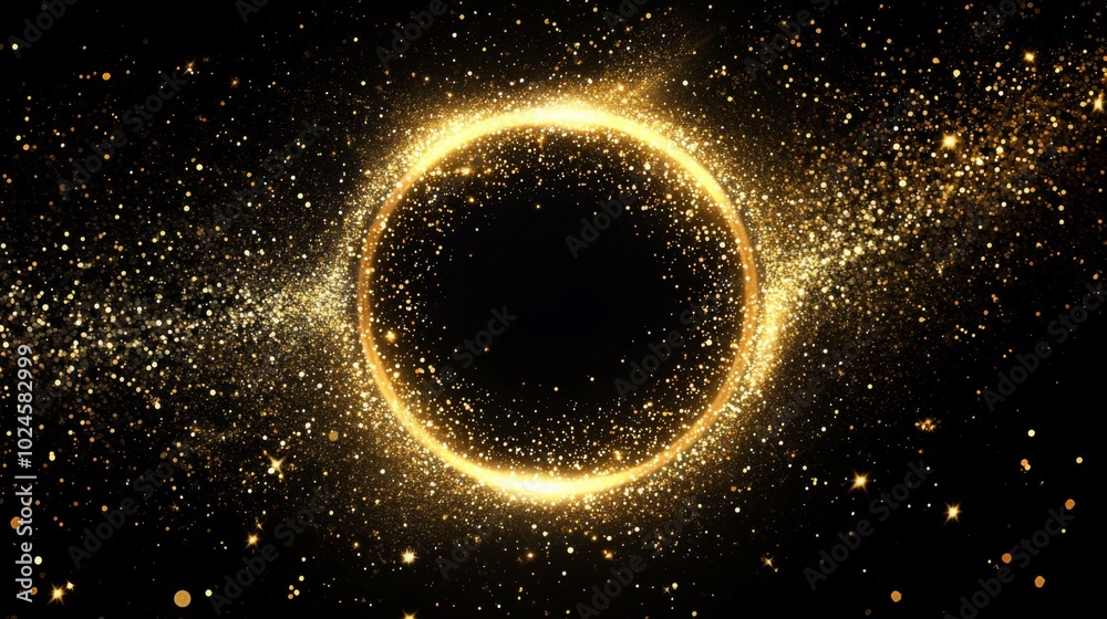 Aufkleber A mesmerizing golden circle surrounded by sparkling particles, set against a dark background, creating a cosmic and ethereal effect.
