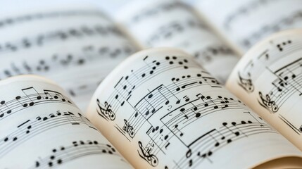 Naklejka premium Sheet music filled with musical notes, creating a sense of rhythm and sound against a white backdrop.