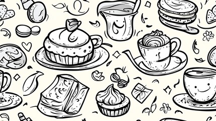 A tea time-themed seamless pattern, illustrating delicate teapots, tea bags, saucers, and cups, with cakes and macarons scattered around.