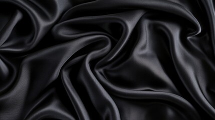 Fototapeta premium A close-up of luxurious black fabric, showcasing its smooth, glossy texture and elegant draping, ideal for fashion and interior design.