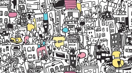Obraz premium A vibrant urban chaos pattern, featuring high-rise buildings, traffic signals, cars, buses, and bicycles interwoven with crowds of people.