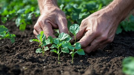 A gardener plants seedlings in rich soil, nurturing new growth with care and hands-on attention.