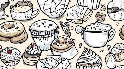 A vintage bakery-themed seamless pattern, illustrating an assortment of baked goods like muffins, donuts, and scones, paired with teacups, coffee pots, and flour bags.