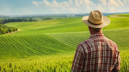A farmer gazes over lush green fields under a bright sky, embodying the serene connection between agriculture and nature.