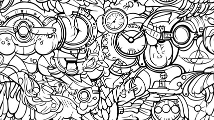 An adventurous steampunk pattern, featuring steam-powered vehicles, gears, mechanical wings, and intricate clock faces, interspersed with vintage goggles and brass compasses.