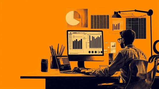 Person analyzing data on computer with charts, graphs, and analytics tools.