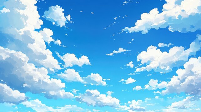 A bright blue sky filled with scattered fluffy clouds on a sunny day. The clouds are spread
