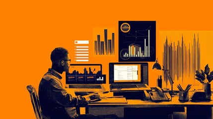 Person analyzing data on multiple screens with graphs and charts, symbolizing statistical analysis.