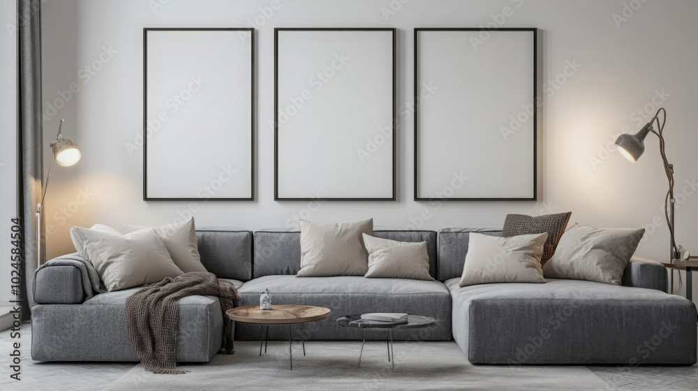 Poster a modern living room featuring a plush gray sofa with pillows, minimalistic decor, and empty frames 
