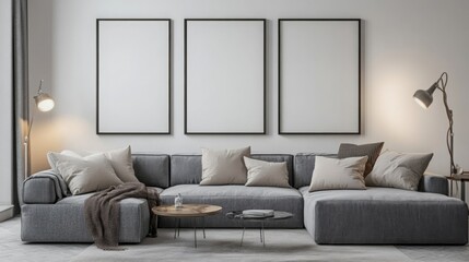 Fototapeta premium A modern living room featuring a plush gray sofa with pillows, minimalistic decor, and empty frames on the wall, creating a serene and stylish atmosphere.