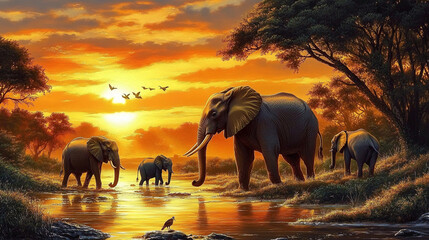 Silhouette einer Elefantenfamilie im Abendrot: Safari-Landschaft