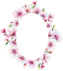 Frame with watercolor pink cherry flowers and green leaves, wedding sakura isolated illustration