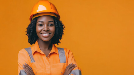 Woman in orange hard hat and shirt, inspecting construction plan on a tablet at a busy construction site with cranes and workers in the background.