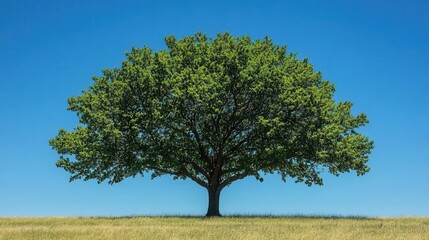 Fototapeta premium vibrant pin oak tree in full foliage displaying rich green leaves against a clear blue sky capturing the beauty of natures transition into summer