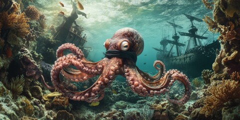 Octopus guards sunken ship in coral reef.