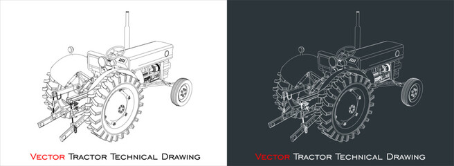 back view vector tractor blueprint technical line drawing