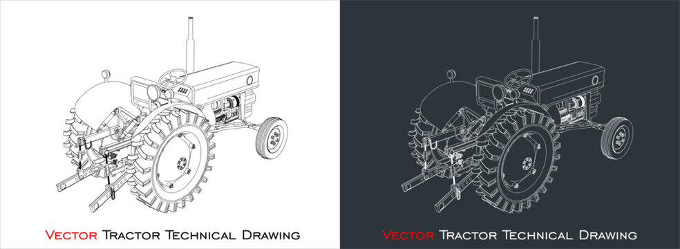 back view vector tractor blueprint technical line drawing