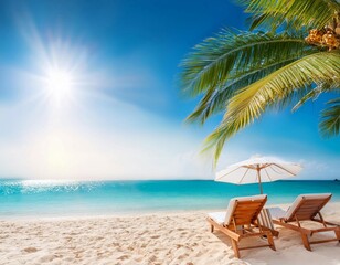Serene Beach Scene With Palm Tree and Sun Loungers on a Sunny Day