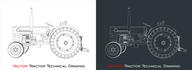 Side view of tractor technical drawing blueprint