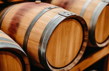 Close up of a row of wooden wine barrels in a cellar