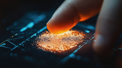 Exploring biometric technology with a glowing fingerprint scanner in a modern digital environment