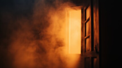 Open door with glowing light in fog, mysterious and eerie atmosphere for horror or thriller concept. Dark shadows and misty glow creating suspenseful mood for supernatural mystery or haunted scene.