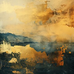 Abstract artistic background featuring a vintage landscape with golden brushstrokes, rendered