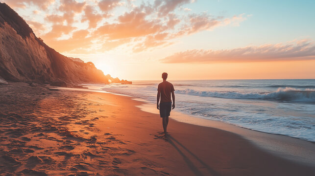 Silhouette of a man walking on the beach at sunset