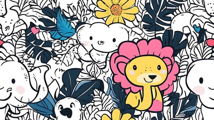 An energetic animal kingdom pattern, featuring majestic elephants, roaring lions, curious monkeys, and colorful tropical birds amidst layers of lush leaves and vines.