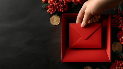 A red envelope being placed inside a red gift box, surrounded by festive decorations like red flowers, gold coins, and pine branches, on a dark background, creating a celebratory atmosphere