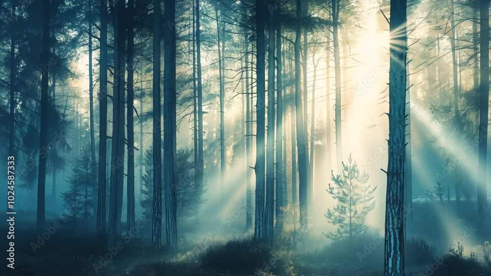 Poster a forest with trees and sunlight shining through the trees.