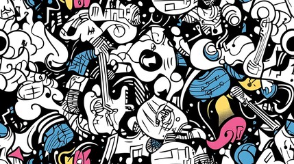 An energetic music festival pattern, featuring vinyl records, neon-colored guitars, and glowing microphones surrounded by swirling music notes and sound waves.