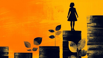 Silhouette of a person on stacked coins with plants, symbolizing career growth and financial success.