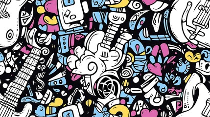 An energetic music festival pattern, featuring vinyl records, neon-colored guitars, and glowing microphones surrounded by swirling music notes and sound waves.