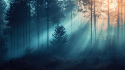 Obraz premium Rays of light in the foggy forest