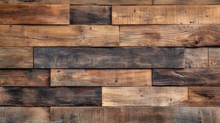 Naklejka premium A close-up of a rustic wooden wall, composed of reclaimed wood planks with varying shades