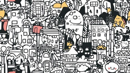 Obraz premium An energetic urban chaos pattern, featuring high-rise apartments, bustling sidewalks, bicycles, and busy intersections filled with pedestrians.