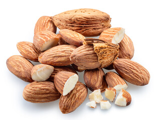 Pile of shelled almond nuts and almond pieces, isolated on white background. File contains clipping path.
