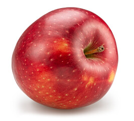Side view  of red ripe apple top with green leaf on white background. File contains clipping path.