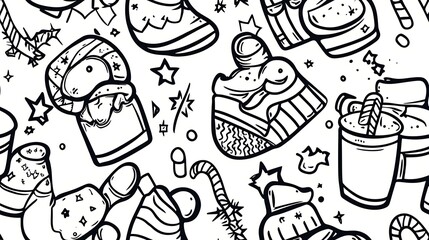 An intricate doodle pattern of a cozy winter scene, featuring mittens, scarves, woolen sweaters, and hot cocoa mugs with candy canes amidst snowflakes and tiny stars.