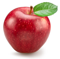 Ripe red apple with green leaf on white background. File contains clipping path.
