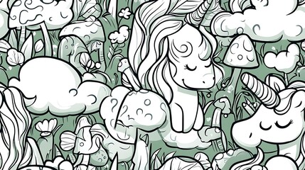 An intricate doodle pattern of a fantasy forest scene, featuring unicorns, pixies, glowing mushrooms, and winding trees with luminous leaves.