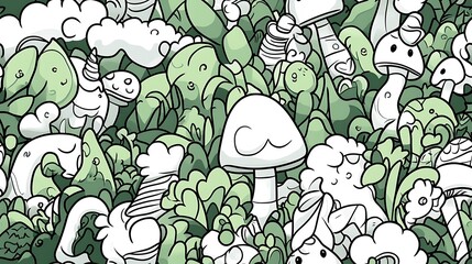 An intricate doodle pattern of a fantasy forest scene, featuring unicorns, pixies, glowing mushrooms, and winding trees with luminous leaves.